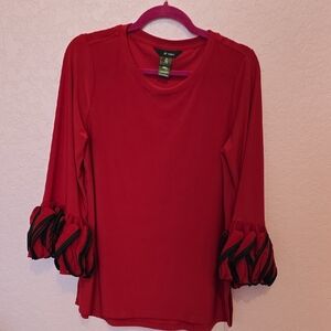 Ali Miles Red With Black Ruffled Puff Sleeve Blouse